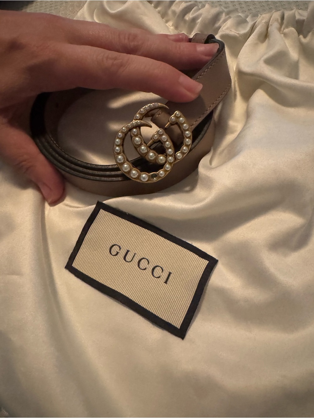 Gucci Blush Pink Leather Belt with Pearl Double G Buckle